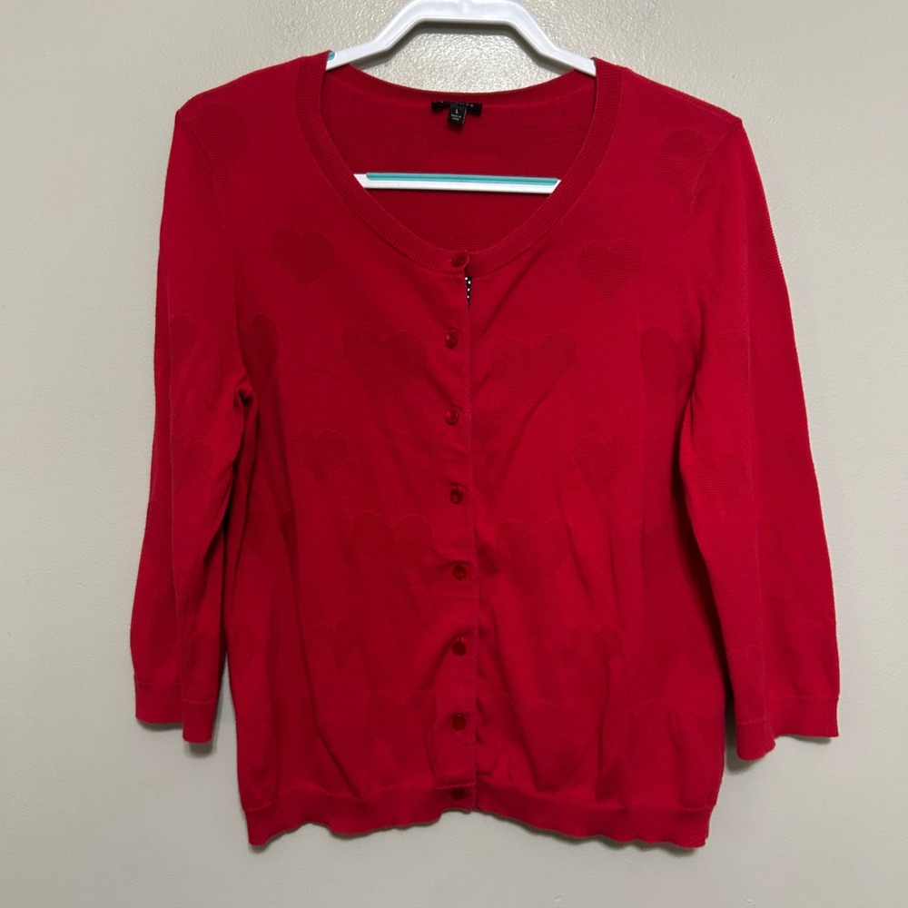 Talbots Cardigan Womens L Red Heart Jacquard 3/4 Sleeve Cotton Preppy Coquette